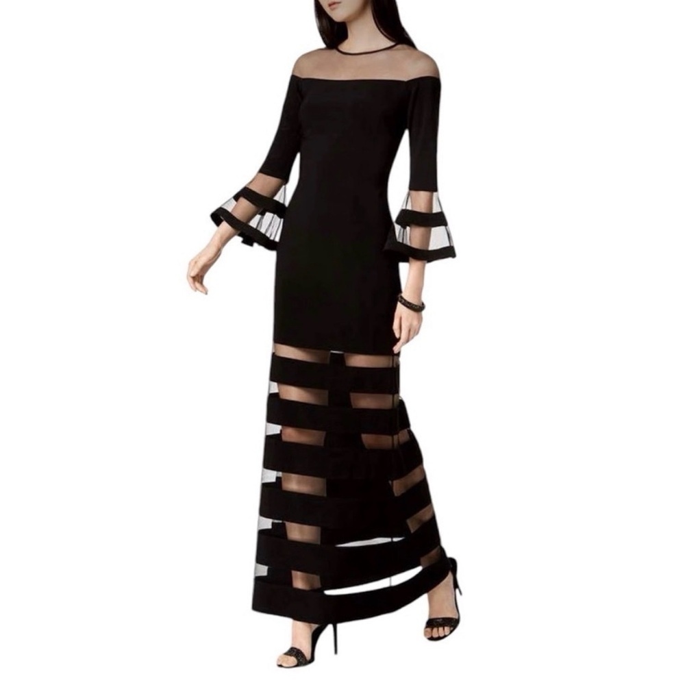 Betsy and Adam Women's Bell Sleeve Striped Mesh Velvet Gown Black Size 2
